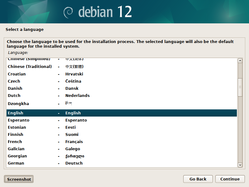 Debian 12 installation - Select a language