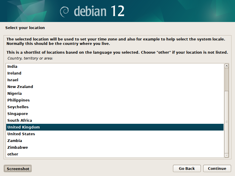 Debian 12 installation - Select your location