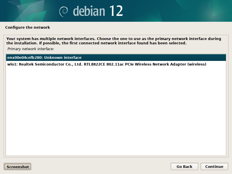 Debian 12 installation - Primary network interface