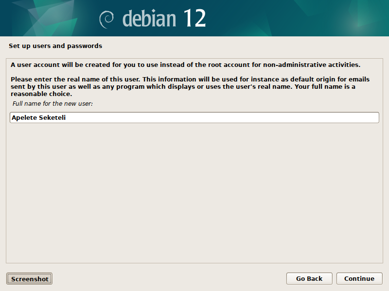 Debian 12 installation - Full name for the new user