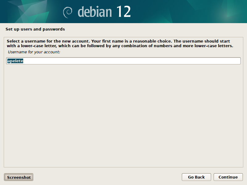 Debian 12 installation - Username for your account