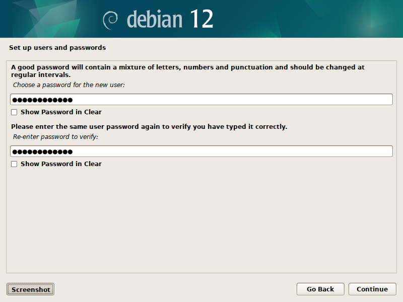 Debian 12 installation - Choose a password for the new user
