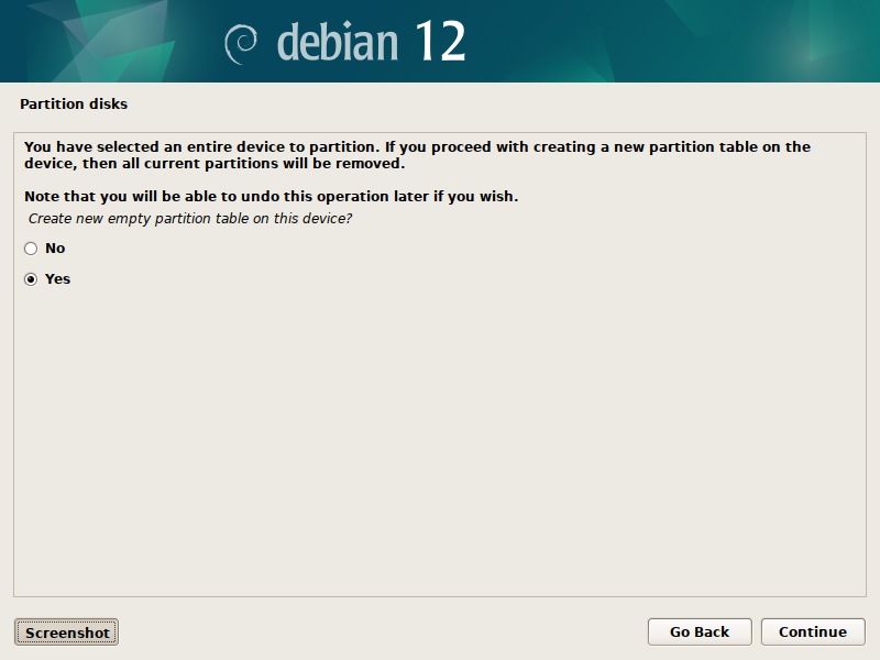 Debian 12 installation - Create new partition table