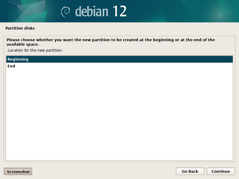 Debian 12 installation - Location for the new partition