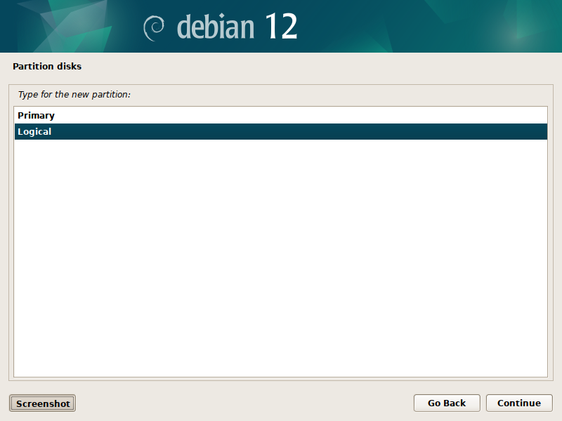 Debian 12 installation - Type for the new partition