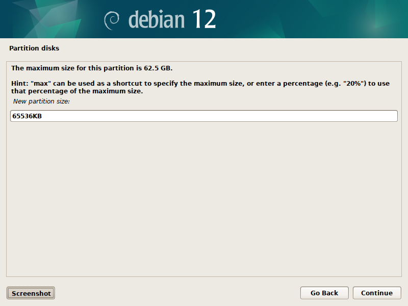 Debian 12 installation - New partition size
