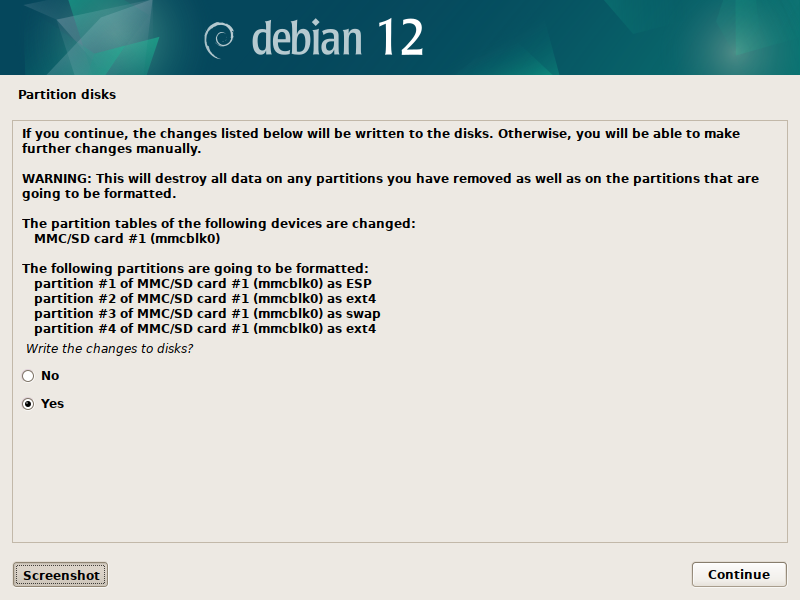 Debian 12 installation - Write the changes to disks