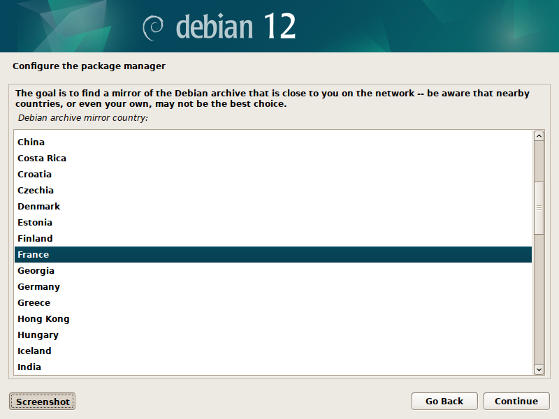 Debian 12 installation - Debian archive mirror country