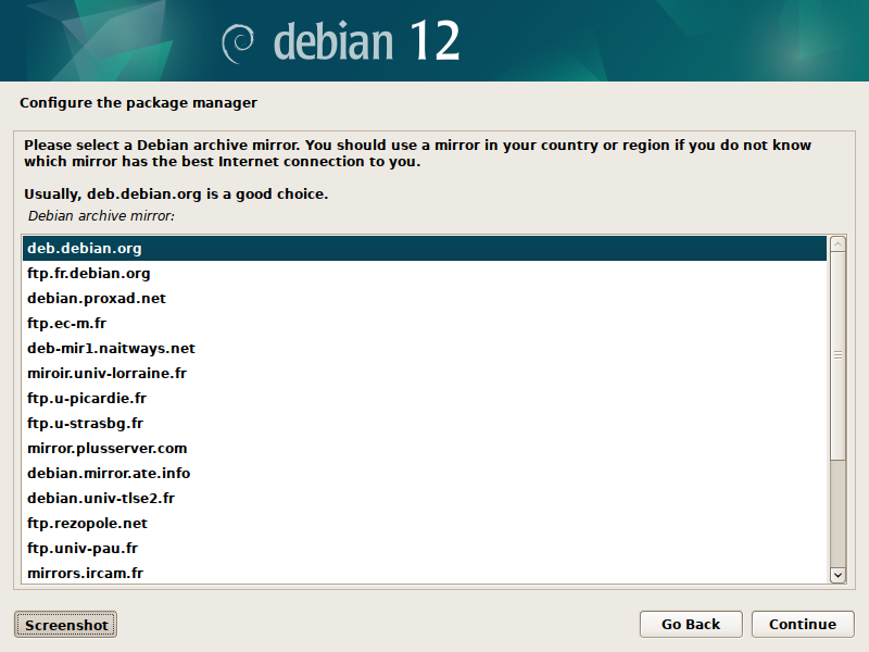 Debian 12 installation - Debian archive mirror