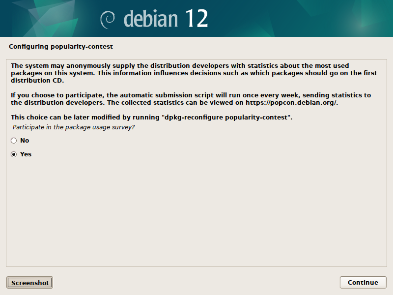 Debian 12 installation - Configuring popularity-contest