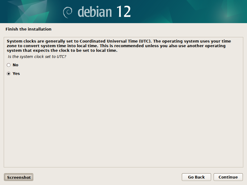 Debian 12 installation - System clock UTC