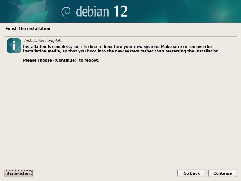 Debian 12 installation - Installation complete
