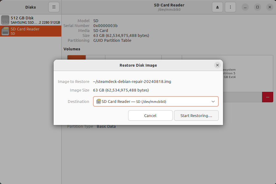 Creating Steam Deck rescue image - Restoring disk image